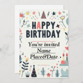 Whimsical Birthday Einladung - farbenfrohes Party (Vorne/Hinten)