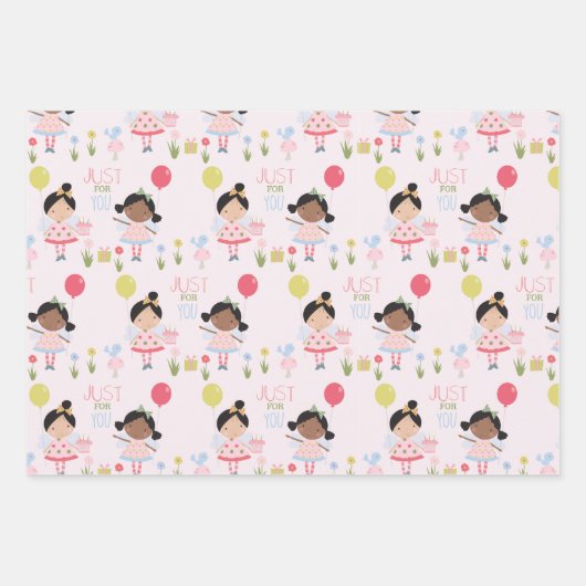 Whimsical Birthday Fee rosa personalisiert Wrappin Geschenkpapier Set (Vorderseite)