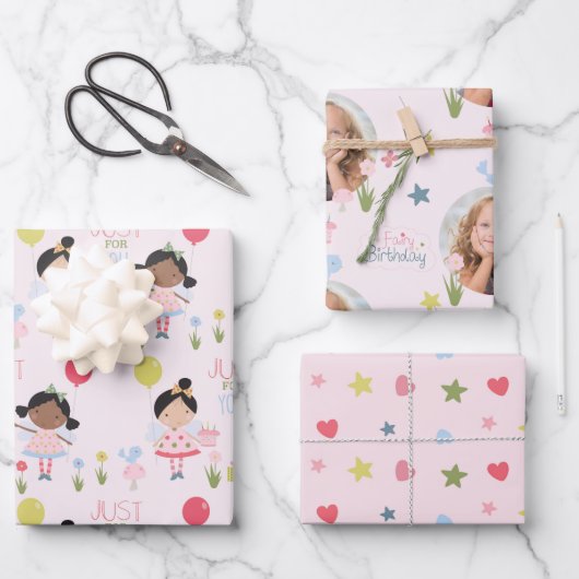 Whimsical Birthday Fee rosa personalisiert Wrappin Geschenkpapier Set (Vorderseite)