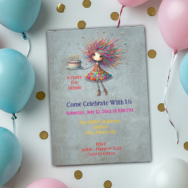 Whimsical Birthday Girl Holding Cake Einladung