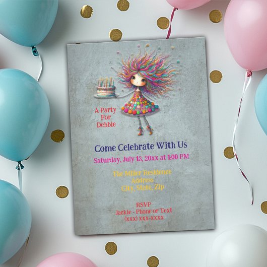 Whimsical Birthday Girl Holding Cake Einladung