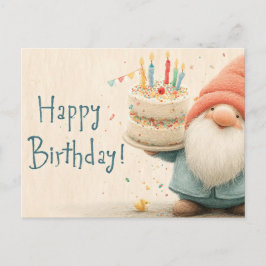 Whimsical Birthday Greeting: Gnome Holding a Cake Postkarte