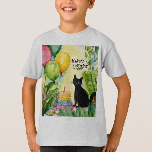 Whimsical Birthday Surprise: Black Cat in Jung T-Shirt (Vorderseite)