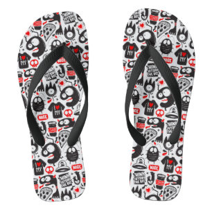 Whimsical Black and Red Monster Doodle Badesandalen