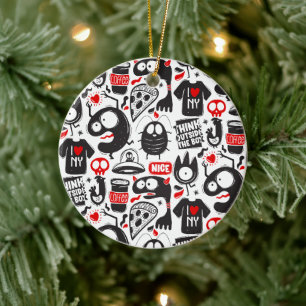 Whimsical Black and Red Monster Doodles Keramik Ornament