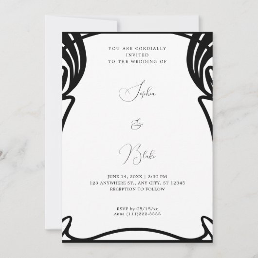 Whimsical Black and White Art Deco Hochzeit Einladung (Vorderseite)
