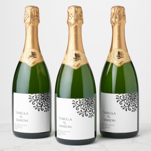 Whimsical Black and White Blüh Schaumweinetikett (Flaschen)