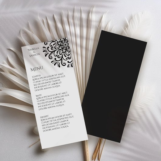 Whimsical Black and White Blüh Wedding Menu Menükarte