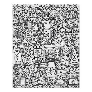 "Whimsical Black and White Doodle Art Poster