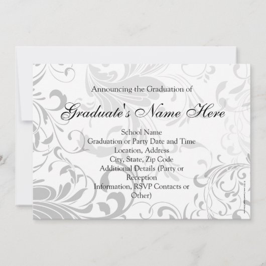 Whimsical Black and White Swirl Abschluss Einladung (Rückseite)