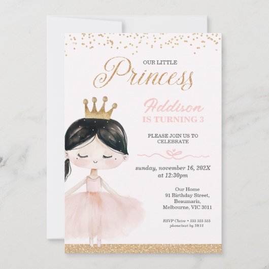 Whimsical Black Ballerina Little Princess Geburtst Einladung (Vorderseite)