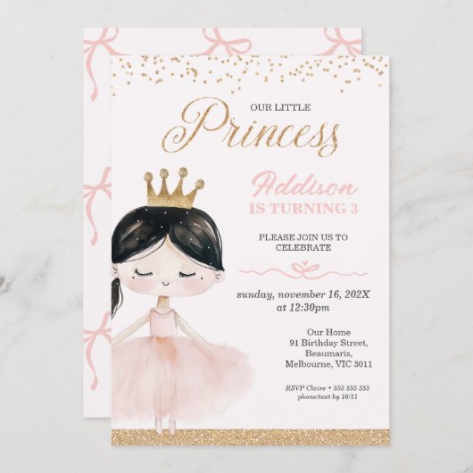 Whimsical Black Ballerina Little Princess Geburtst Einladung (Vorne/Hinten)