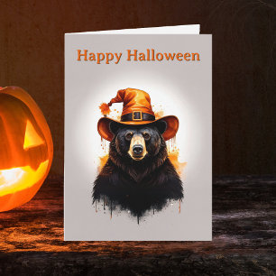 Whimsical Black Bear Orange Hexenhut Halloween Karte