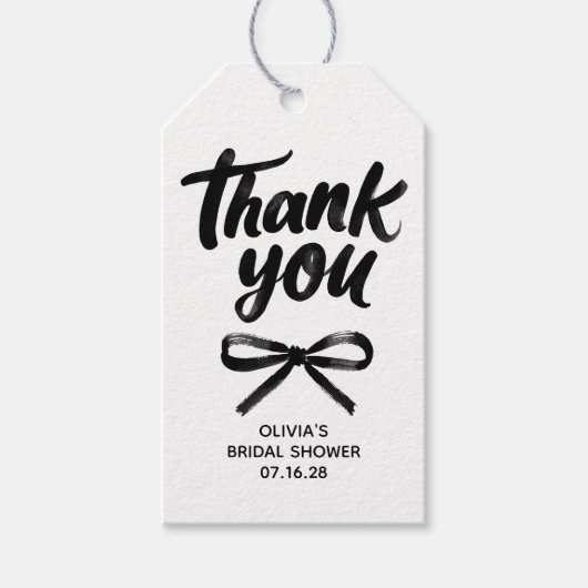 Whimsical Black Bow Handwritten Bridal Thank You Geschenkanhänger (Vorderseite)