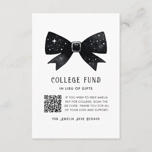 Whimsical Black Bow QR Code Uni Fund Begleitkarte (Vorderseite)
