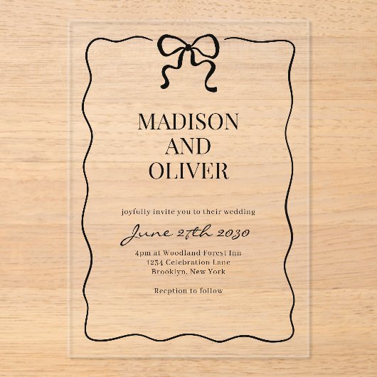 Whimsical Black Bow Tie Wedding Acryleinladungen (Vorderseite)