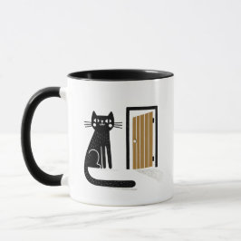 Whimsical Black Cat an der Tür Gewartet Tasse