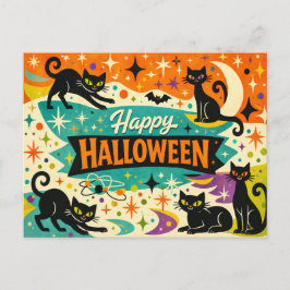 Whimsical Black Cat Atomic Age Halloween Feiertagspostkarte