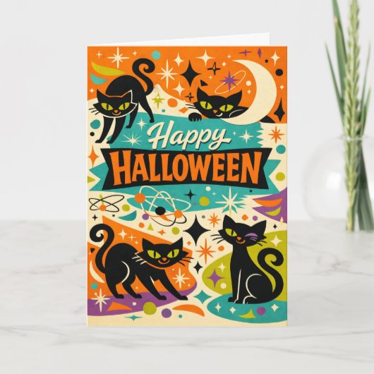 Whimsical Black Cat Atomic Age Halloween Karte (Vorderseite)