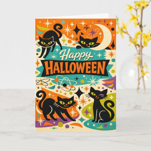 Whimsical Black Cat Atomic Age Halloween Karte (Gelbe Blume)
