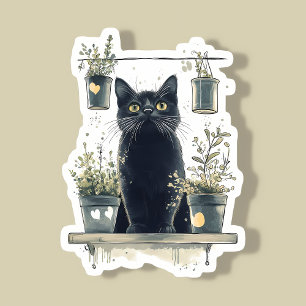 Whimsical Black Cat auf einer Pflanze Aufkleber