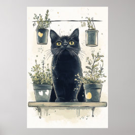 Whimsical Black Cat auf einer Pflanze Poster