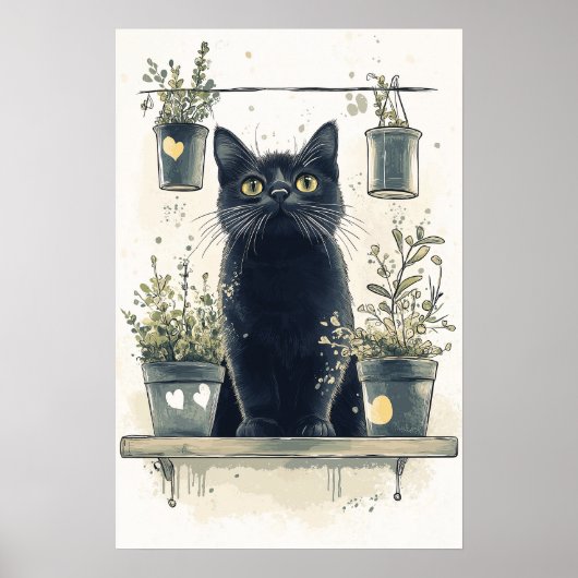 Whimsical Black Cat auf einer Pflanze Poster (Vorne)