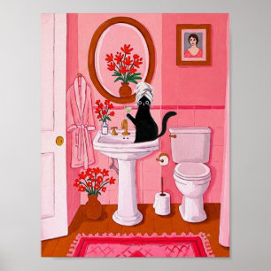 Whimsical Black Cat Badezimmer-Kunst – Rosa Weibli Poster
