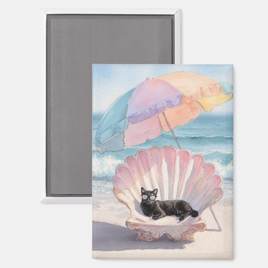 Whimsical Black Cat Beach Magnet (Vorderseite/Rückseite)