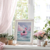 Whimsical Black Cat Beach Print: Flamingo Float Poster