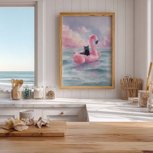 Whimsical Black Cat Beach Print: Flamingo Float Poster