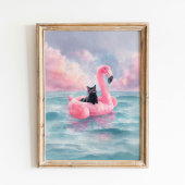 Whimsical Black Cat Beach Print: Flamingo Float Poster