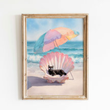Whimsical Black Cat Beach Print: Seashell Chair