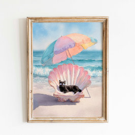 Whimsical Black Cat Beach Print: Seashell Chair Poster