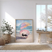 Whimsical Black Cat Beach Print: Seashell Chair Poster