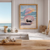 Whimsical Black Cat Beach Print: Seashell Chair Poster
