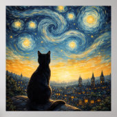 Whimsical Black Cat & Celestial Town Wall Art  Poster (Vorne)
