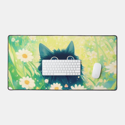 Whimsical Black Cat Daisy Meadow Teal Sky Schreibtischunterlage (Tastatur & Maus)