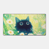 Whimsical Black Cat Daisy Meadow Teal Sky Schreibtischunterlage (Vorderseite)