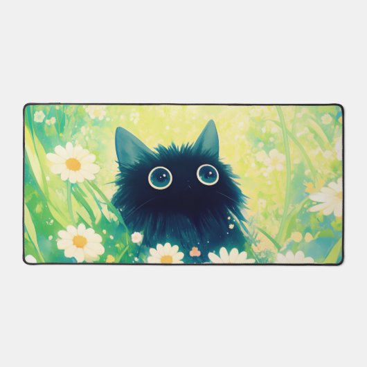 Whimsical Black Cat Daisy Meadow Teal Sky Schreibtischunterlage (Vorderseite)