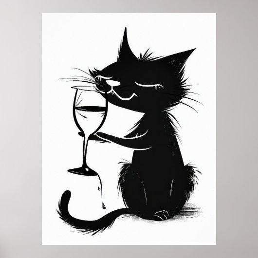 Whimsical Black Cat Drink Wine 2D Poster (Vorne)
