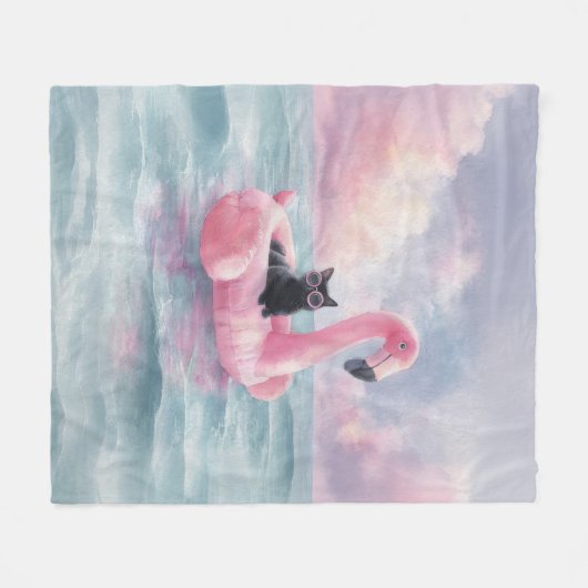 Whimsical Black Cat Flamingo Float Blanket Fleecedecke (Vorderseite (Horizontal))