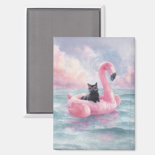 Whimsical Black Cat Flamingo Float Magnet (Vorderseite/Rückseite)