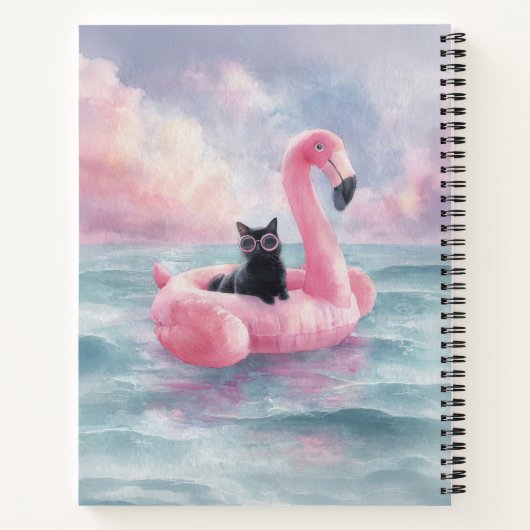Whimsical Black Cat Flamingo Float Notebook Notizblock (Rückseite)