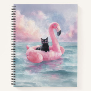 Whimsical Black Cat Flamingo Float Notebook Notizblock