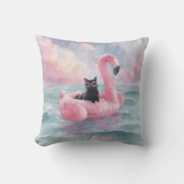 Whimsical Black Cat Flamingo Float Pillow Kissen
