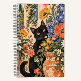 Whimsical Black Cat Floral Mediterranean Garden Notizblock