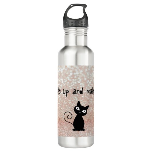 Whimsical Black Cat Glittery Weckte auf und Make-u Edelstahlflasche (Vorderseite)