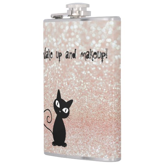 Whimsical Black Cat Glittery Weckte auf und Make-u Flachmann (Links)