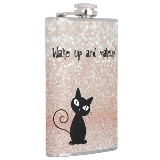 Whimsical Black Cat Glittery Weckte auf und Make-u Flachmann (Rechts)